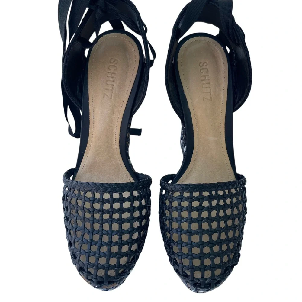SCHUTZ Eymy Tresse Black and Bronze Wedge Platform Woven Detail Sz. 9.5